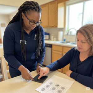 A professional mobile notary, an African American woman with dreadlocks and glasses, assisting a client with fingerprinting on a kitchen counter.