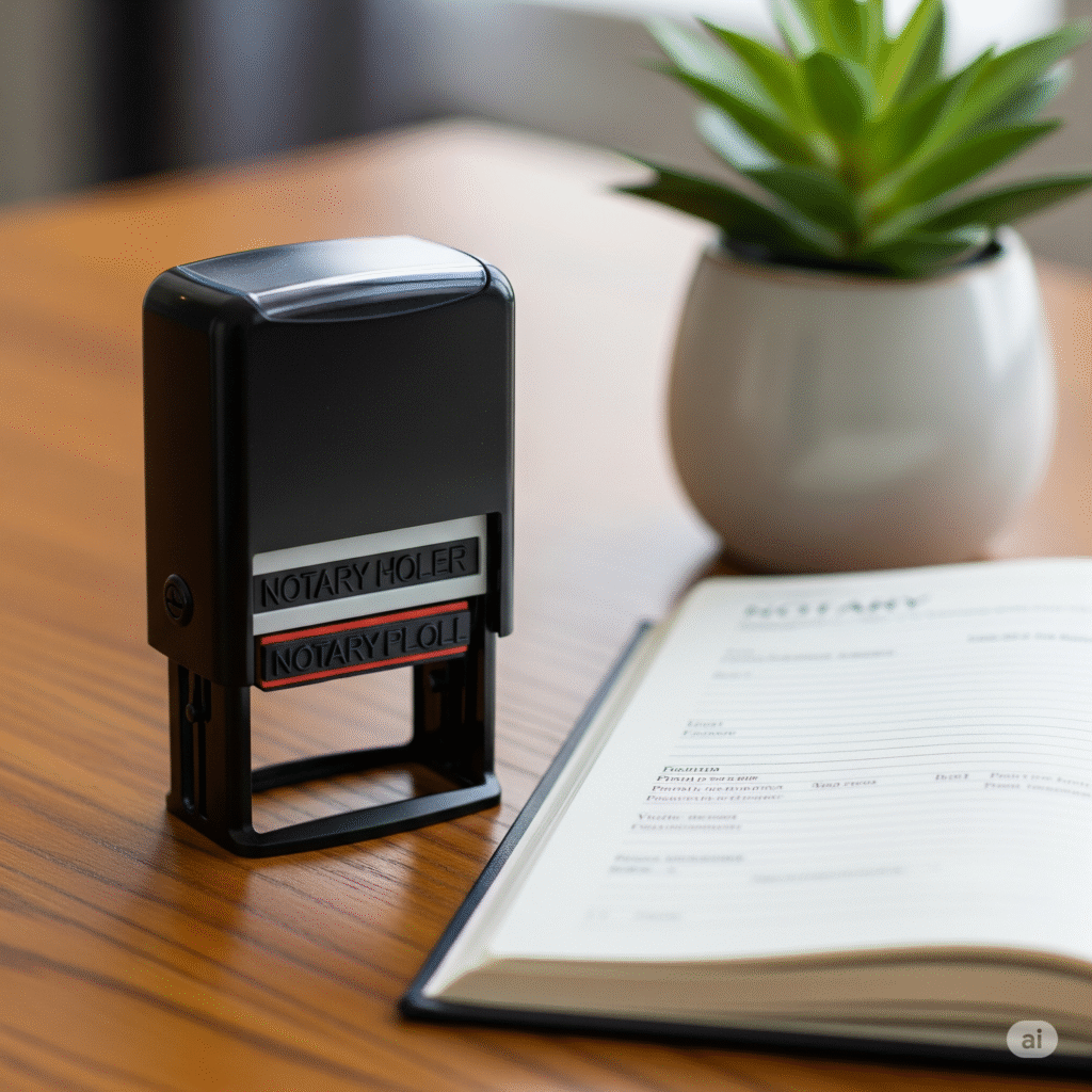 Notary stamp and journal on a table with a plant