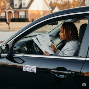 A professional mobile notary in Conyers, GA, reviewing a real estate deed in her car, with a mobile notary magnet sign visible.