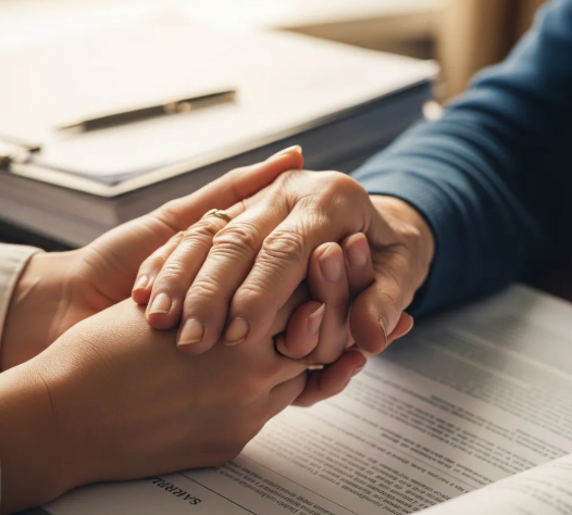 Alt Text: A close-up shot of a younger person's hand holding the hand of an elderly person, with blurred legal documents and a pen in the background.