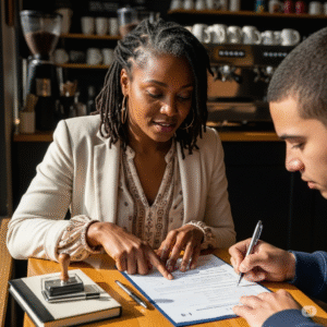 A candid scene in a coffee shop of an African American woman with bra-length locs assisting a client with an I-9 form.
