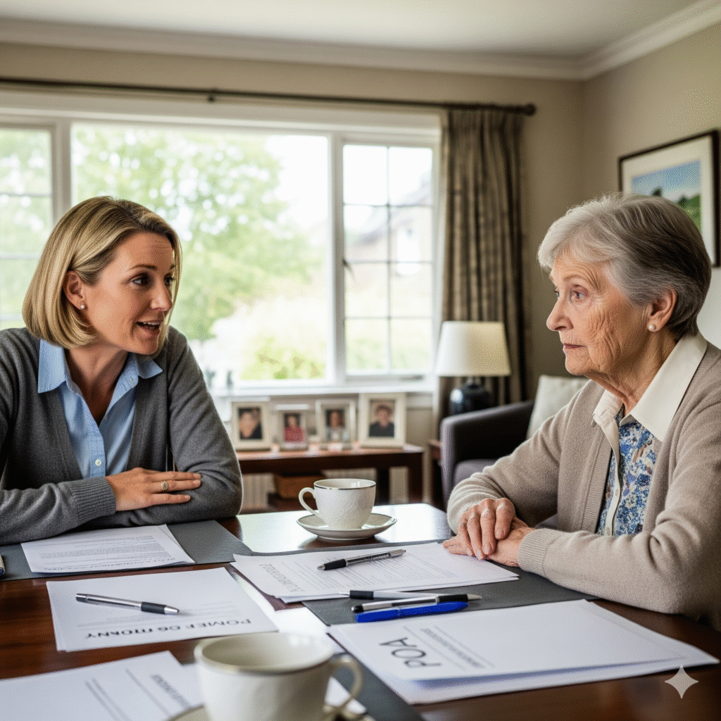 A 45-year-old woman is talking to her elderly mother about legal papers at a dining table.